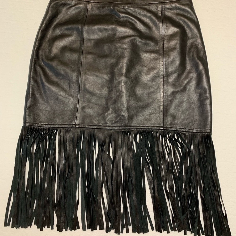 CUSP BY NEIMAN MARCUS Fringe Leather Skirt